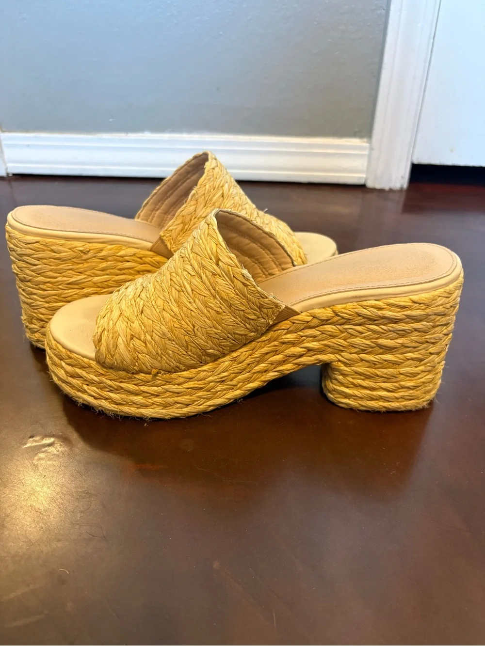 Woven Platform Slide Heels - Yellow